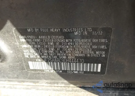 2013 Subaru Forester 2.5X from USA, damaged, VIN JF2SHABC9DH444470